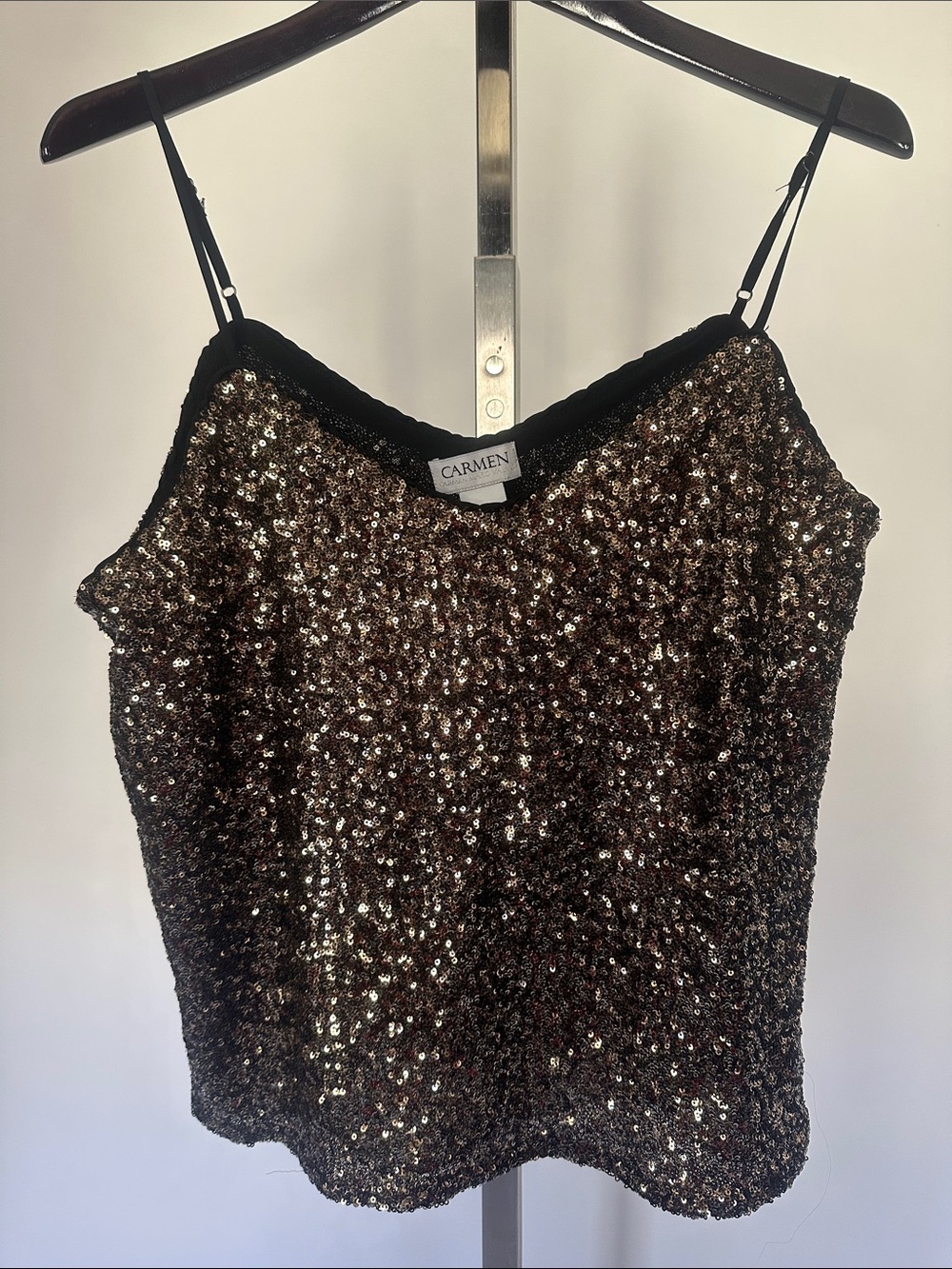 Carmen Marc Valvo Gold Sequin Spaghetti Strap Top size M